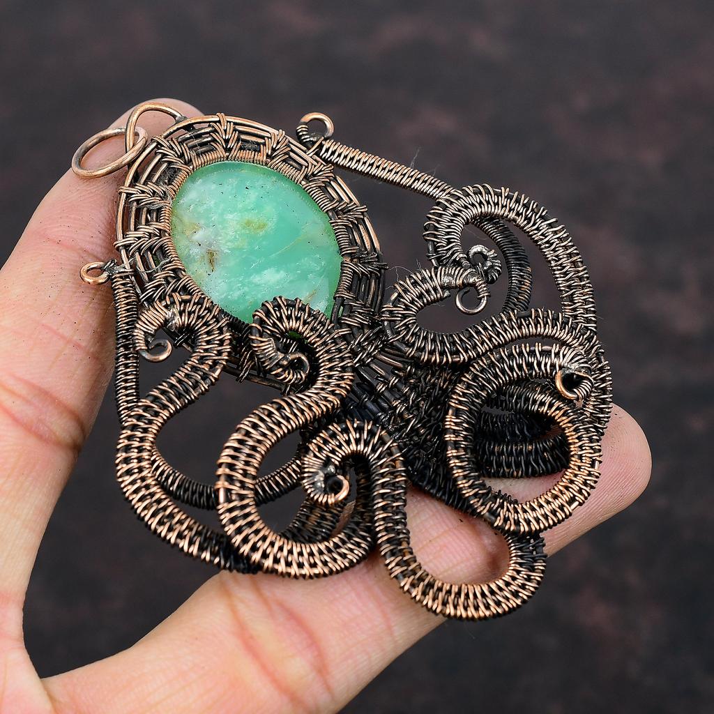 Подвеска из хризопраза, подвеска из медной проволоки, ювелирное изделие ручной работы из хризопраза, подвеска в виде осьминога из драгоценного камня, подарок на годовщину, уникальное ювелирное изделие из меди