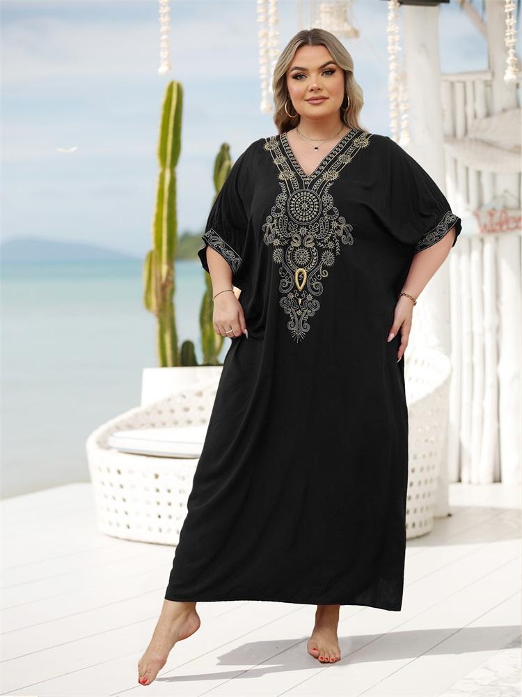 EDOLYNSA Черный кафтан больших размеров с золотой вышивкой, платья для женщин, пляжная одежда с v-образным вырезом и рукавами-фонариками, купальник, свободный кафтан