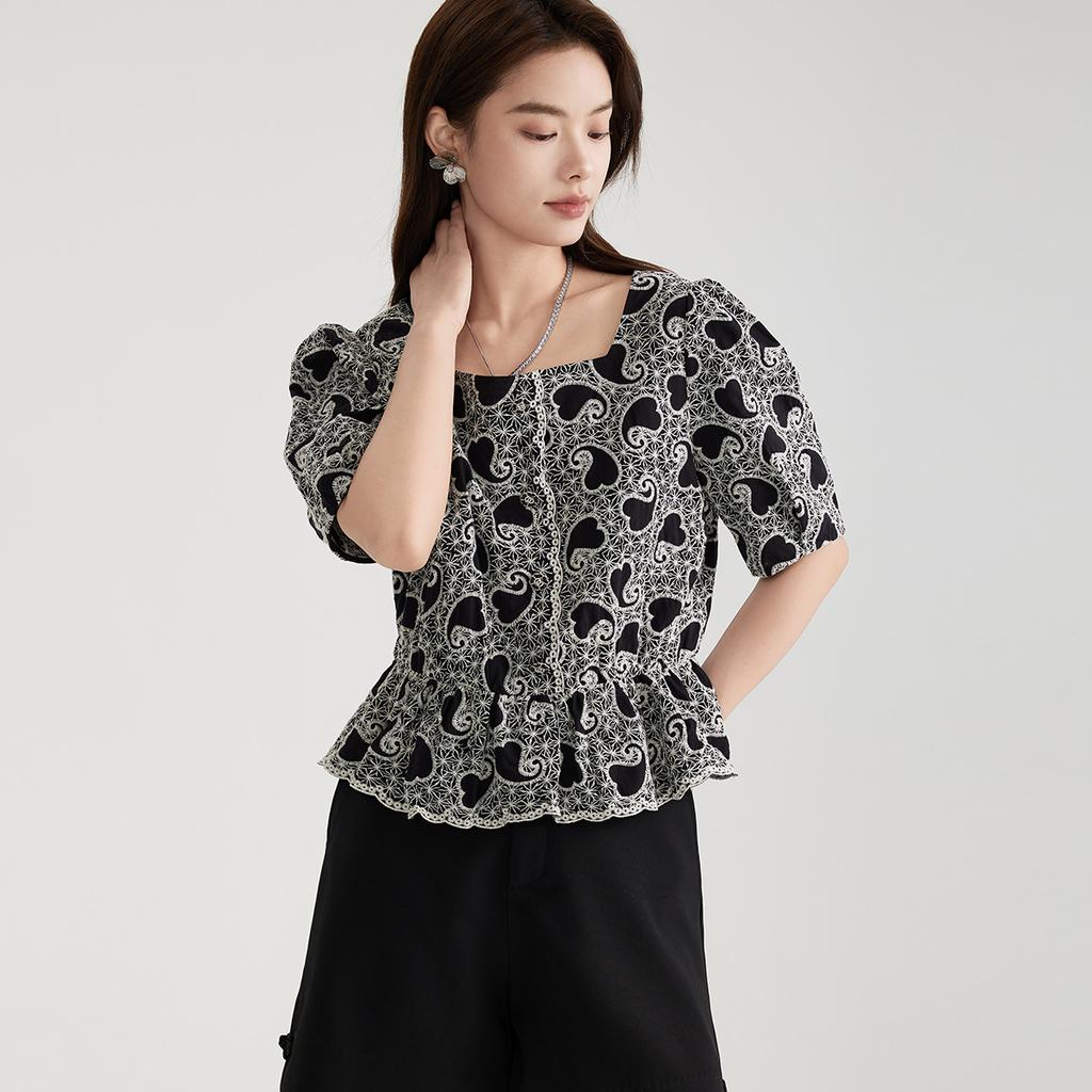 Pure cotton temperament floral age reducing short-sleeved shirt for women in 2026 summer, high-end and slim waist cinching top