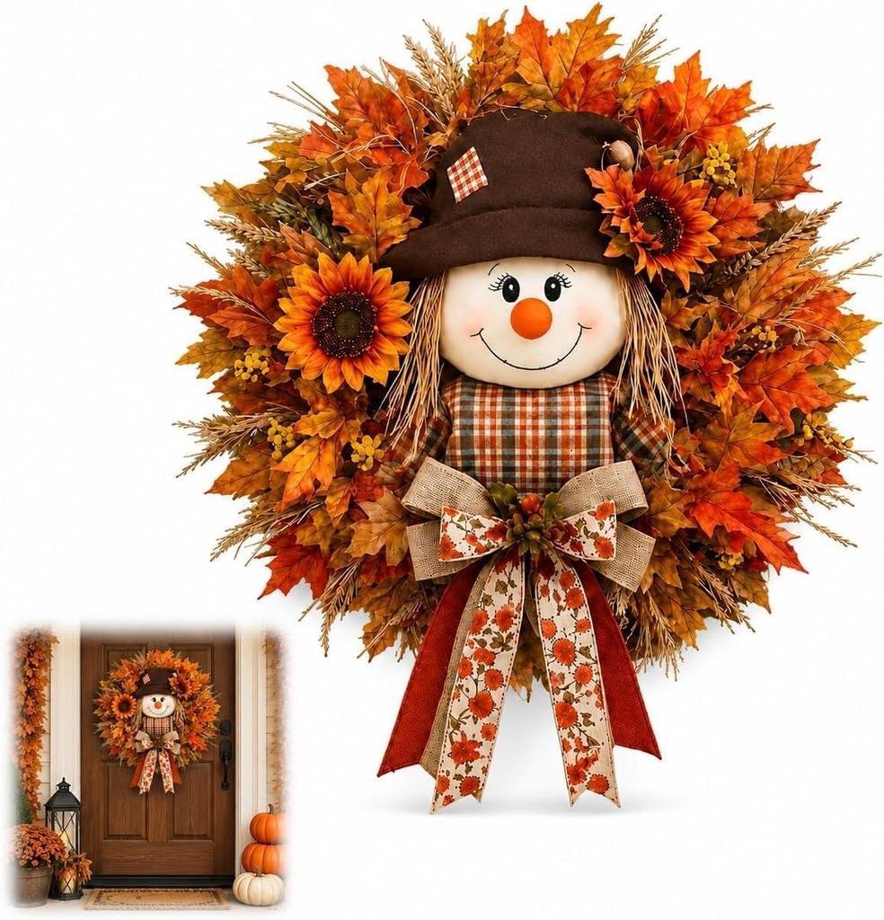 35CM Autumn Harvest Scarecrow Door Decoration Pastoral Scarecrow Wreath-B with Light