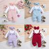 Baby Girl Trendy Bow Decor Faux Two-piece Solid Color Long Sleeve Cotton Jumpsuit with Headband