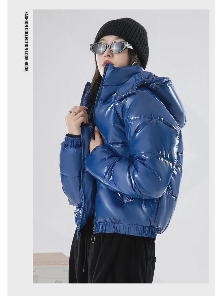Женская короткая куртка-пуховик в корейском стиле - модное блестящее хлопковое пальто с капюшоном для зимы