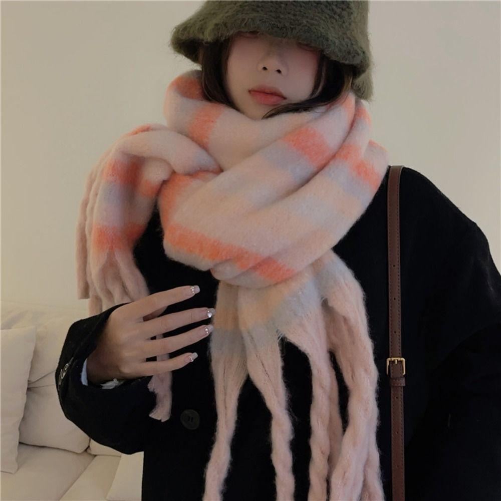 Warm Winter Cashmere Scarf Stripe Pattern Thickened Shawl Wrap New Long Tassel Scarves Women