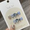 100% HANDMADE Short Round Fake Nail Set With Glue Star Ice Cream Blue&Yellow Cute Gentle Summer Spring Sea Ocean Diamond Press On Nails Reusable