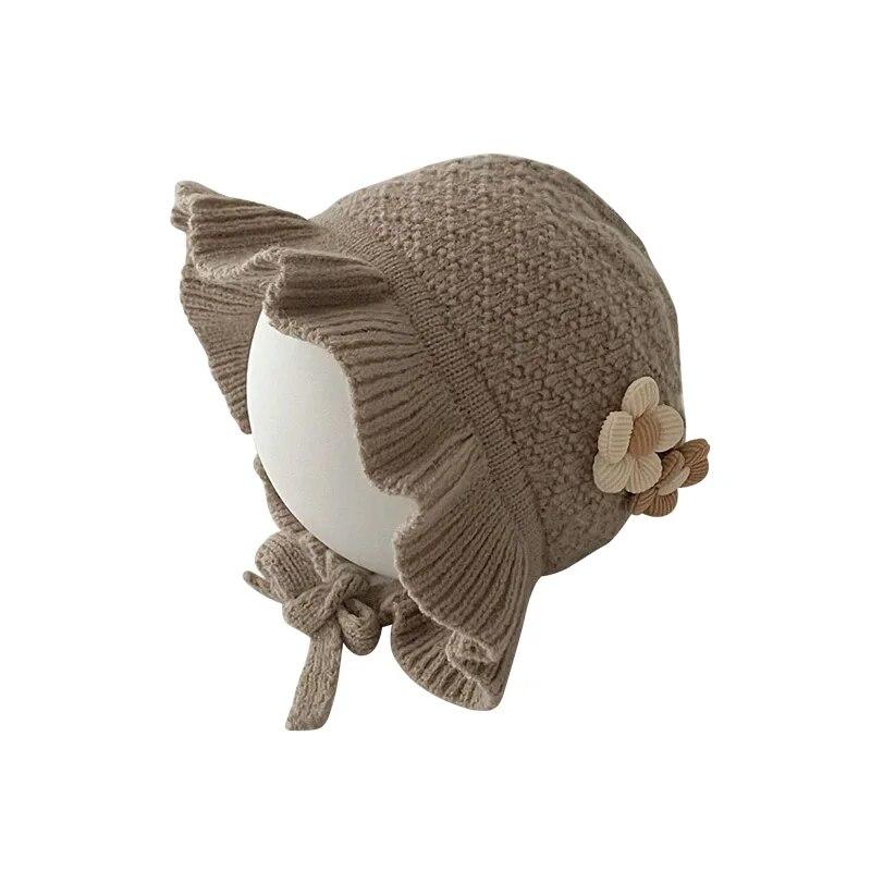 Baby Knitted Hat with Rope Retro Flower Beanie Cap for Girls Handmade Weave Infant Bonnet Winter Earflaps Caps Kids Accessories