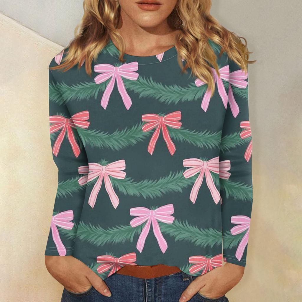 Женская мода повседневная рождественская печать круглый вырез длинный рукав декоративная футболка топ