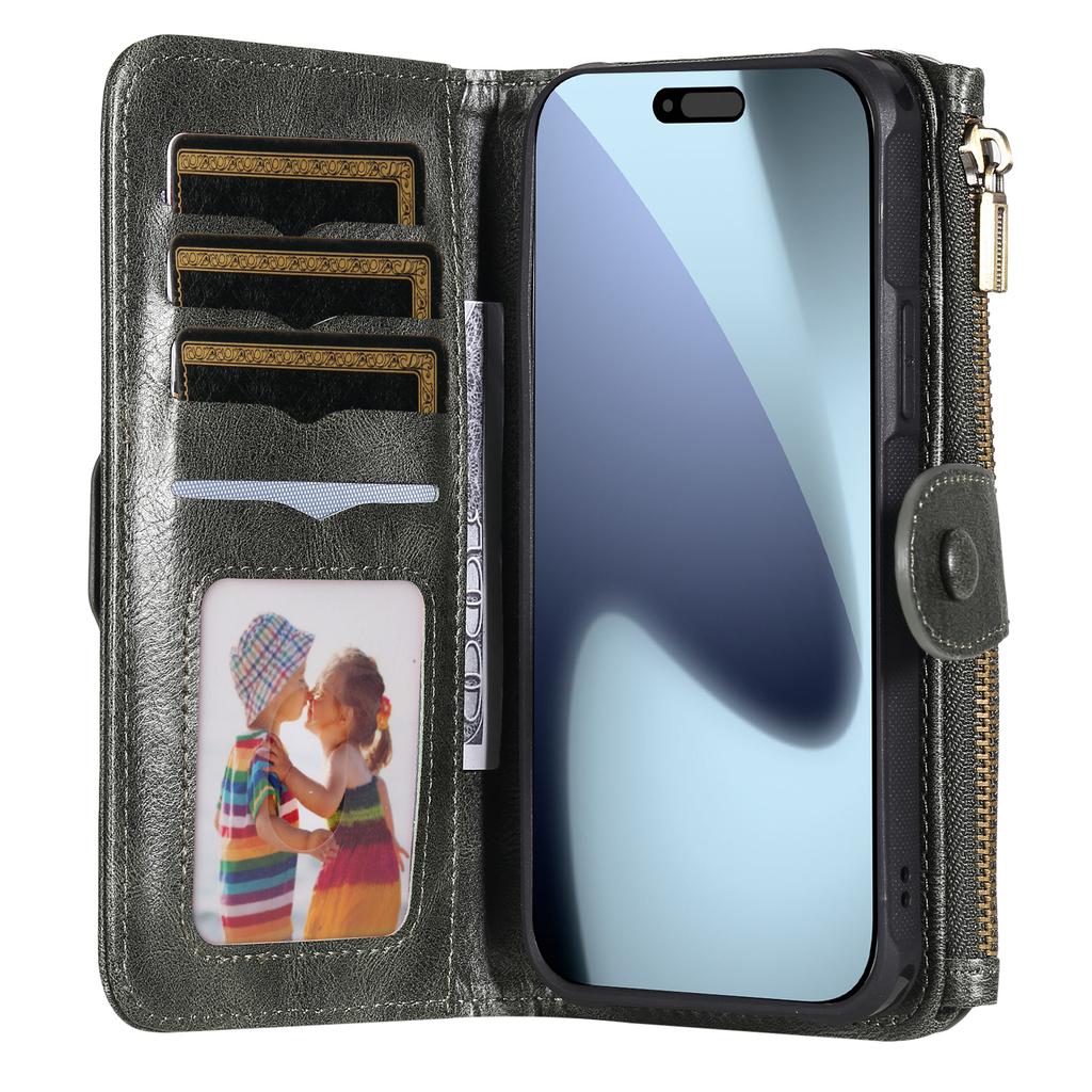 For iPhone 17 Pro Max Phone Case PU Leather Zipper Wallet Detachable Cover