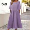 Summer Dress with Pockets Round Neck Loose Waist Short Sleeves Calf Length Solid Color Midi Dress for Work School Dating