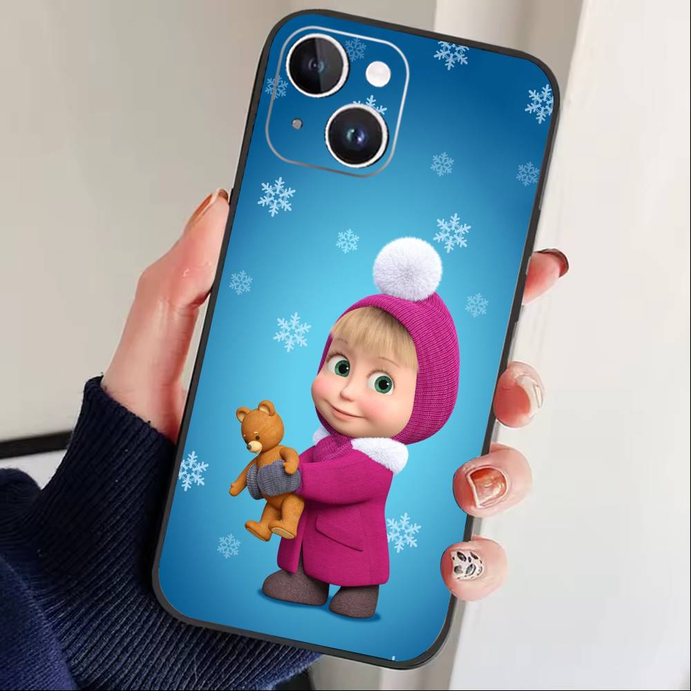 Милый чехол для телефона Маша и Медведи Для iPhone 16,15,14,13,12,17,Pro Max,Plus Силиконовый Черный Чехол