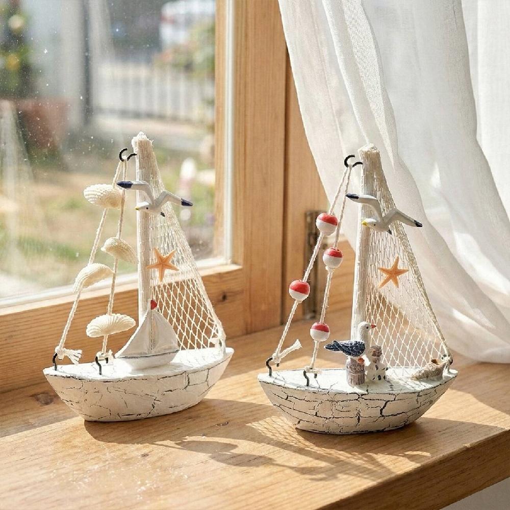 Mediterranean Wooden Sailboat Ornament Handcrafted Coastal Nautical Shelf Decor With Starfish Seagull Fishing Net Sails 2 Styles