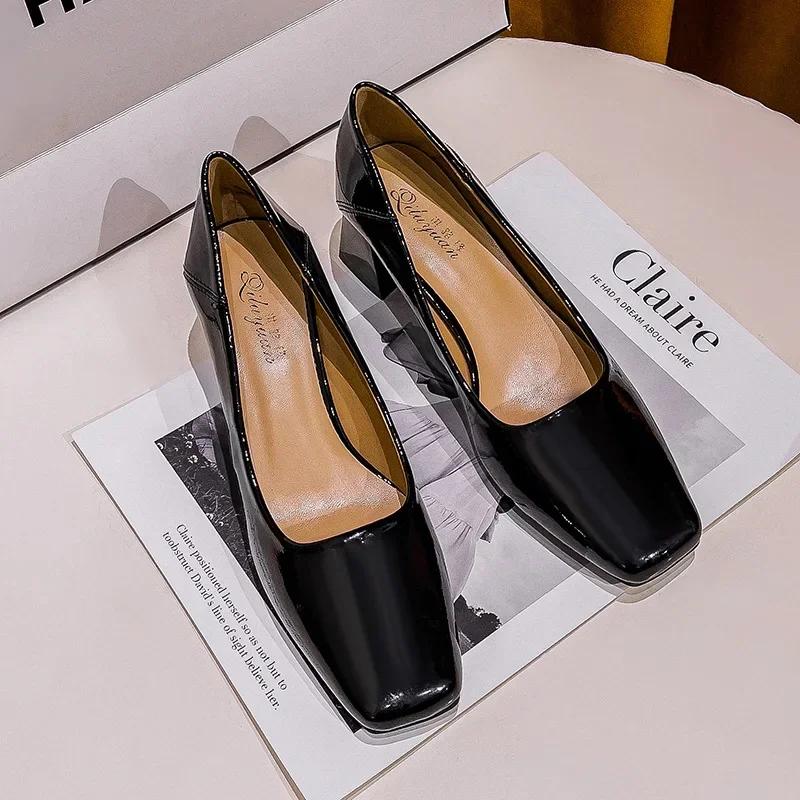 Модные туфли-лодочки из лакированной кожи на толстом каблуке с квадратным носком, весна-осень 2024, средний каблук, черные туфли на высоком каблуке, женская обувь для работы