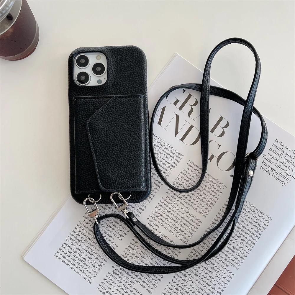 Leather Crossbody Lanyard Wallet Phone Case for IPhone 15 14 13 12 11 Pro Max Mini X XR XS Max 8 7 Plus SE 2 3 Card Holder Cover