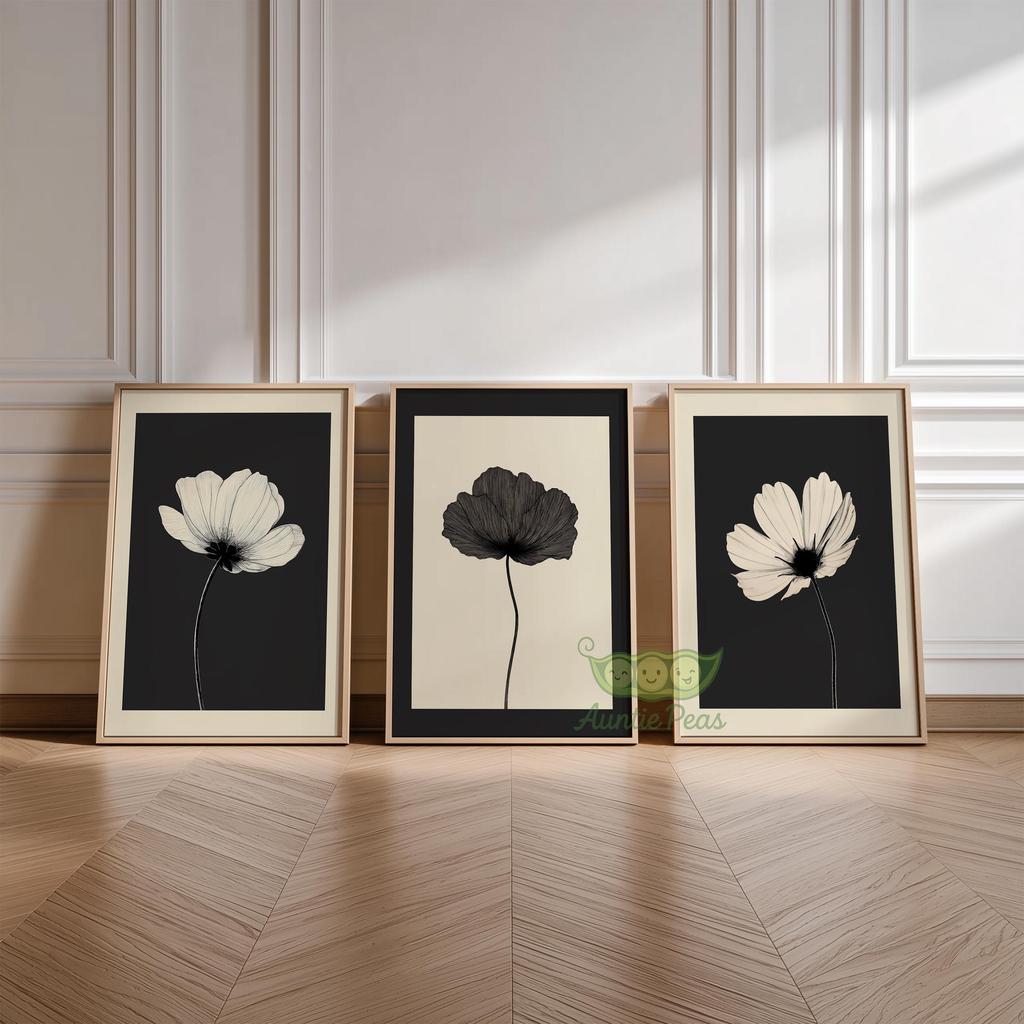 3Pcs Black Beige Flower Wall Art, Minimalist Botanical Canvas Prints, Scandinavian Floral Decor for Modern Bedroom Living Room