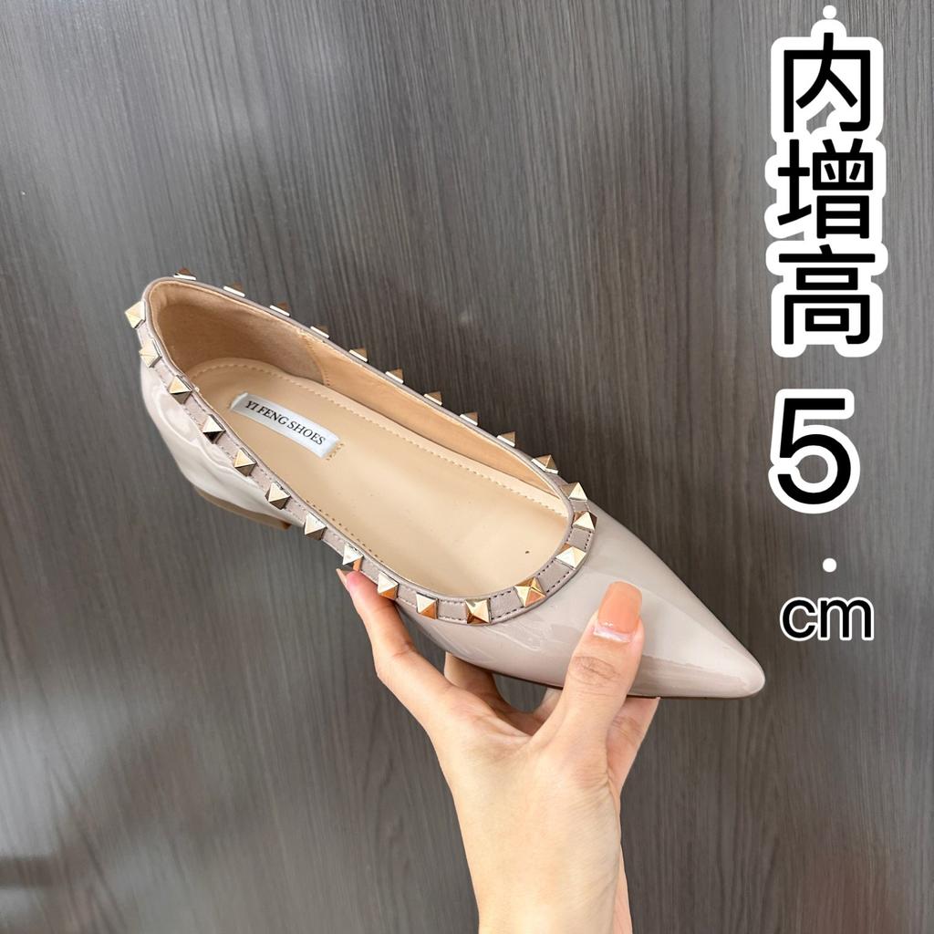 Pointed Rivet Single Shoes~ 5 Cm Height Increase French Shallow Mouth Soft Patent Leather Temperament Commuting Versatile Inner Height Increase
