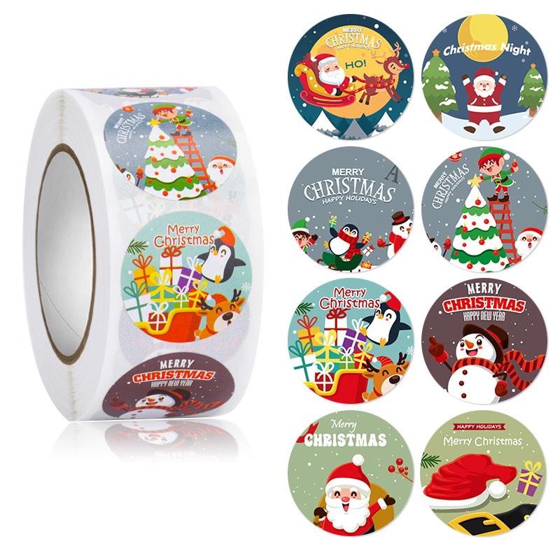 Merry Christmas Decorative Stickers Gift Wrap Box Xmas Tags 500pcs Animals Snowman Trees 1 Roll