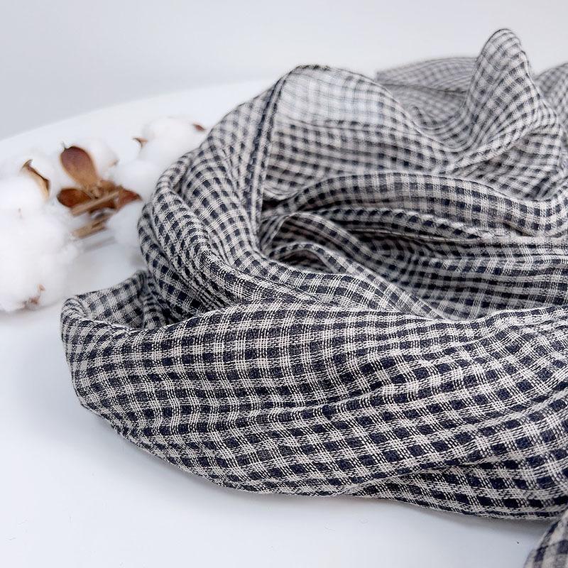 Весенне-летний маленький клетчатый льняной шарф с кисточками