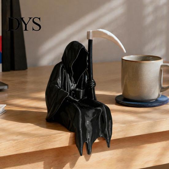 Dark Aesthetic Figurine 3D Printed Grim Reaper Statue with Coffee & Sickle, Gothic Desk Desktop Atmosphere Decoration Decor, Unique Art for