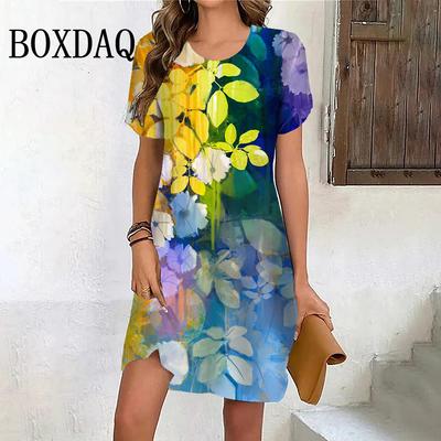Градиентная живопись цветы женское платье летнее с коротким рукавом свободный пуловер винтажные платья повседневные 3D принт женские платья
