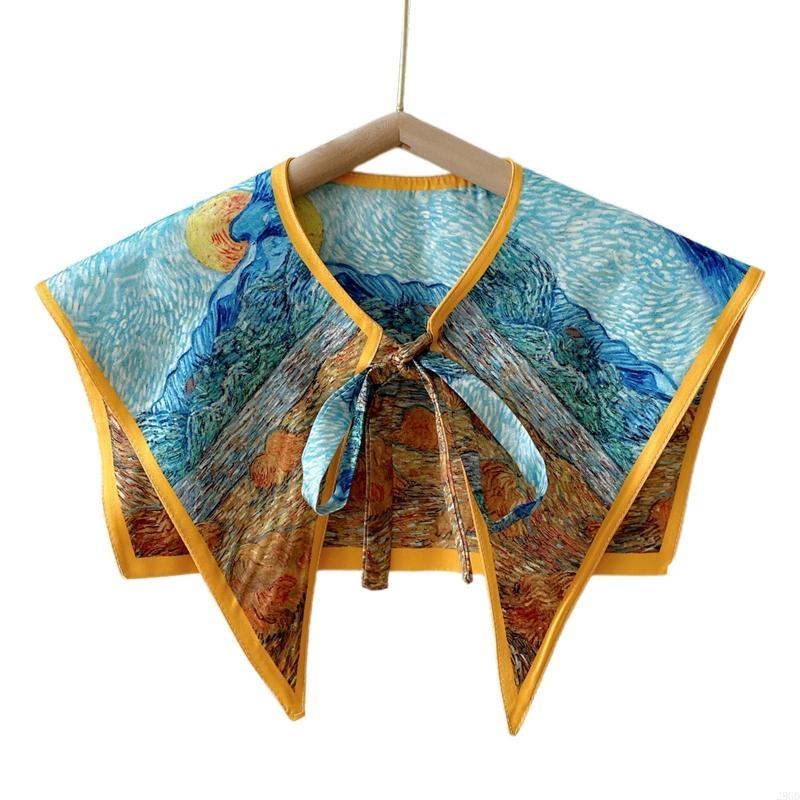 28GD Women Elegant Detachable Collar Scarf Vintage Colorful Landscape Oil Painting Print Shawl Wrap Lace-Up Decorative Shrug