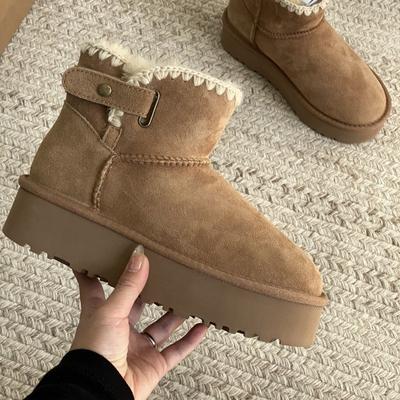 Зимние ботинки на толстой подошве, новые, из овчины и меха, с интегрированной шерстяной подкладкой, с коротким голенищем, присборенные и утепленные, женские хлопковые ботинки