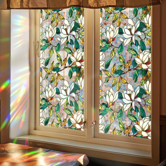 Flower Window Privacy Film Double-sided Stained Glass Rainbow Window Film Sun Blocking Static Covering Cling Sticker PVC Window Door Decorative
