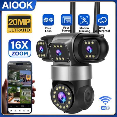 AIOOK Уличная камера HD с четырьмя объективами 20 Мп WIFI Ночное видение Водонепроницаемая видеокамера 16-кратный зум Отслеживание движения Двусторонняя связь IP CCTV