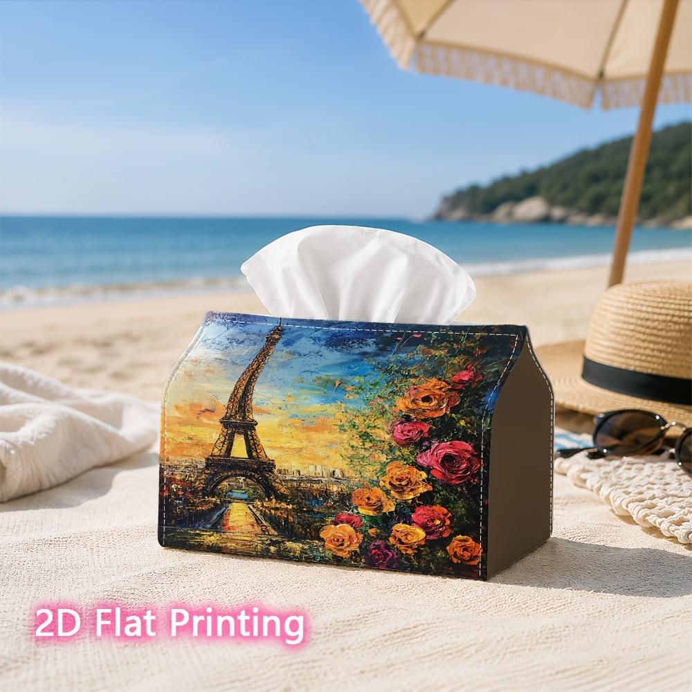 1pc, 2d Flat Printing, Tissue Box Eiffel Tower and Rose Pattern Printed Tissue Box, Suitable for Vacation Home Decoration, Kitchen, Living Room, Car H