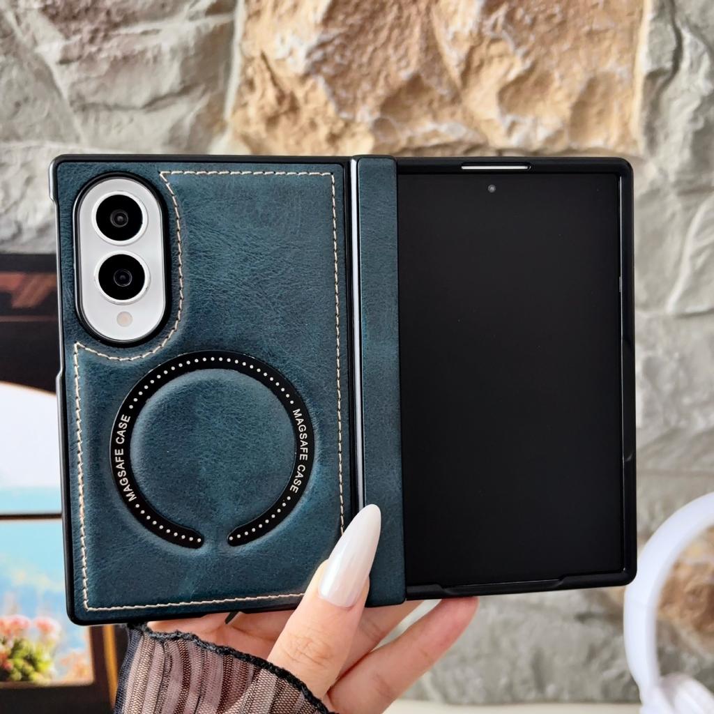 Магнитный чехол из кожи с узором Crazy Horse для iPhone Duo 18 Fold Wide Samsung Z Flod 8Utral 7 6 5 Ударопрочный для Magsafe Защита центральной оси