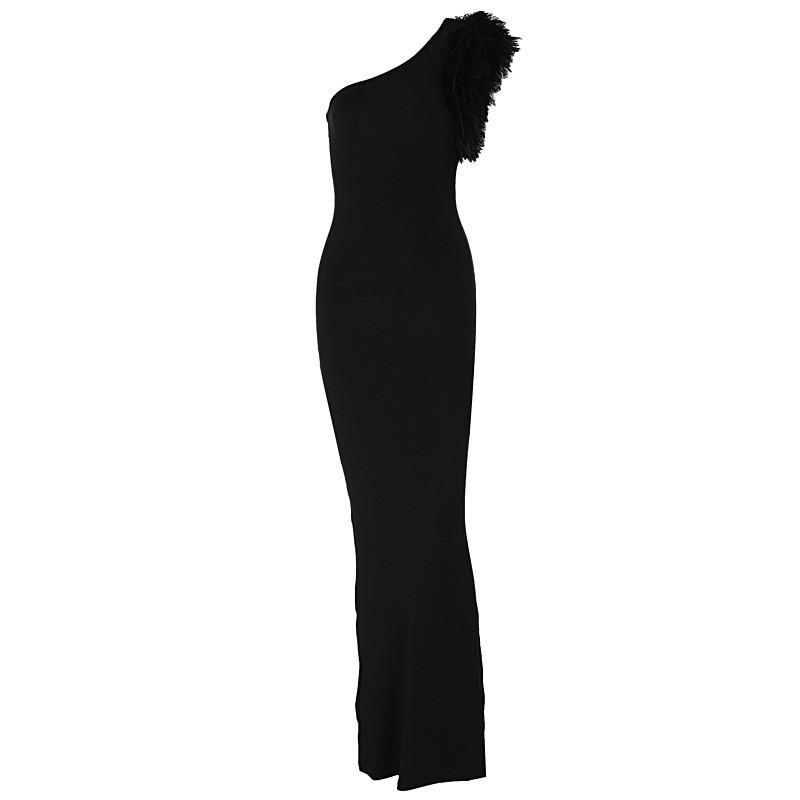 Elegant Solid Color Feather Spliced Slash Neck Long Evening Dress Women