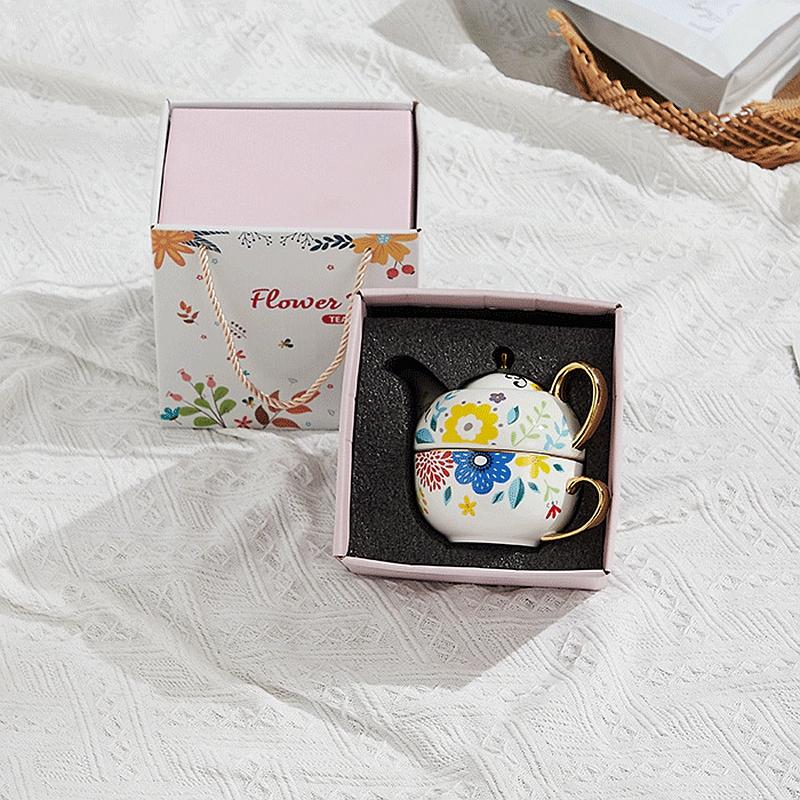420 мл Керамический чайный набор для одного Цветочный чайник Чайная чашка Блюдце Позолоченная ручка Цветочная кружка Подарочная коробка