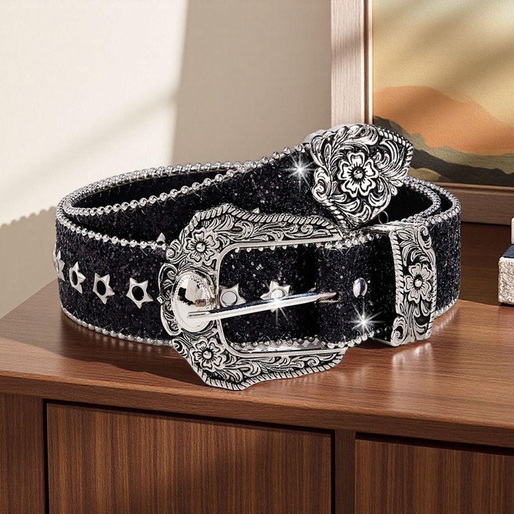 Metal Engraved Buckle Western Cowboy Belt PU Leather Buckle Belt Fashion Waistband  for Men Women