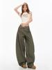 Army green American retro design big pocket scimitar jeans women's summer and autumn new mopping wide-leg pants