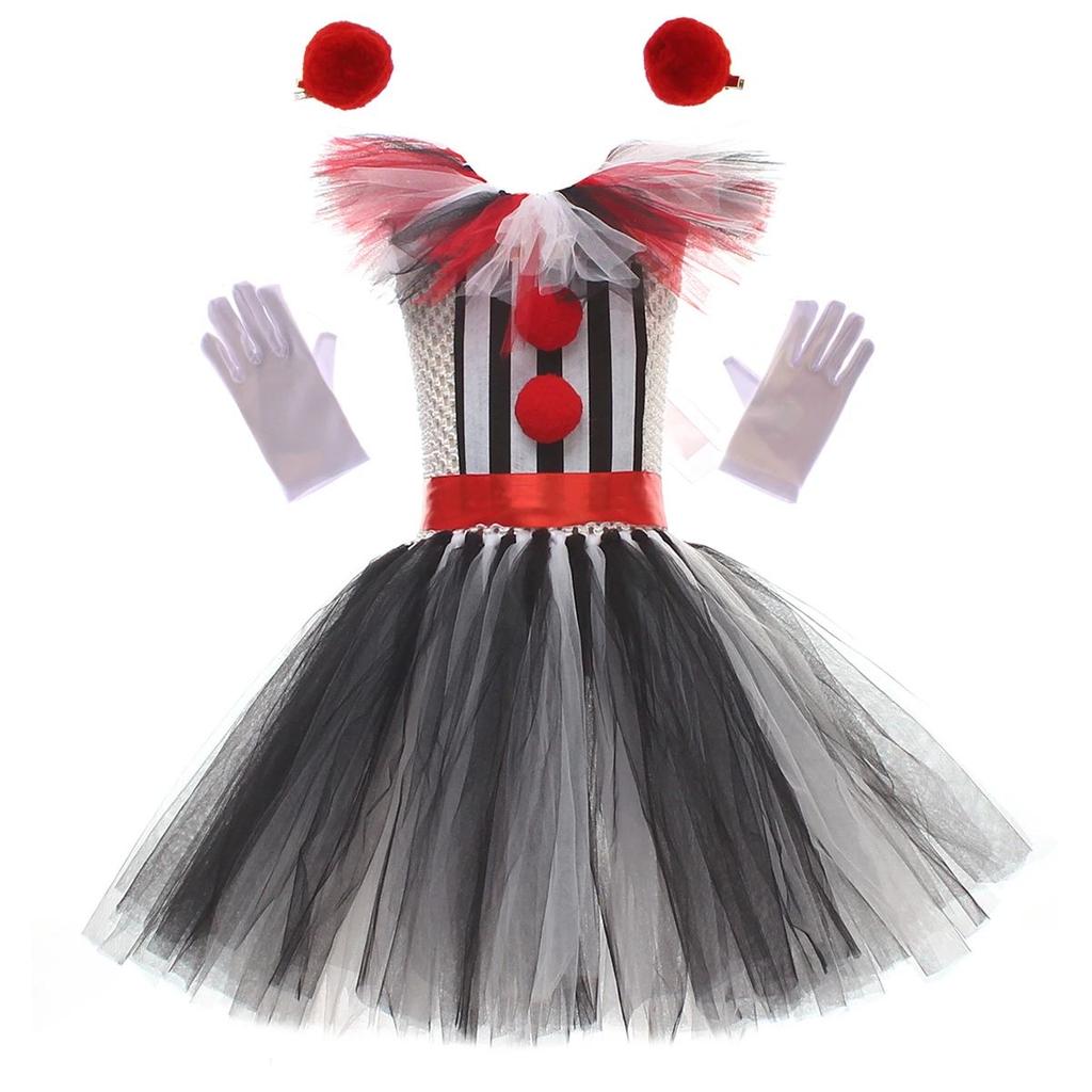 Костюм Клоуна-Убийцы для Девочек на Хэллоуин Платье для Переодевания Черно-Белое Страшный Ужасающий Джокер Пачка Платье Детская Маскарадная Карнавальная Одежда