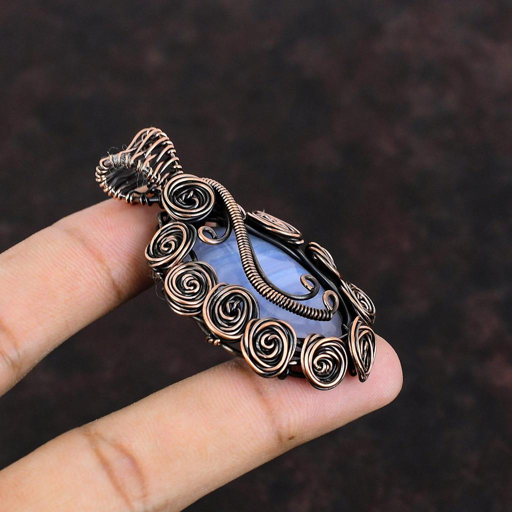 Подвеска из голубого кружевного агата, подвеска из медной проволоки, изящная подвеска из драгоценного камня, подвеска ручной работы, ювелирное изделие из медной проволоки, подарок для мамы, уникальная подвеска