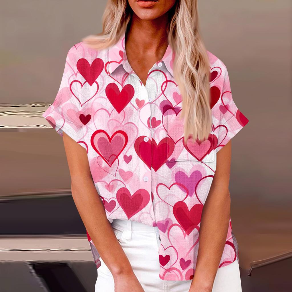Женская свободная повседневная рубашка с короткими рукавами и отворотом с цифровым принтом и карманом