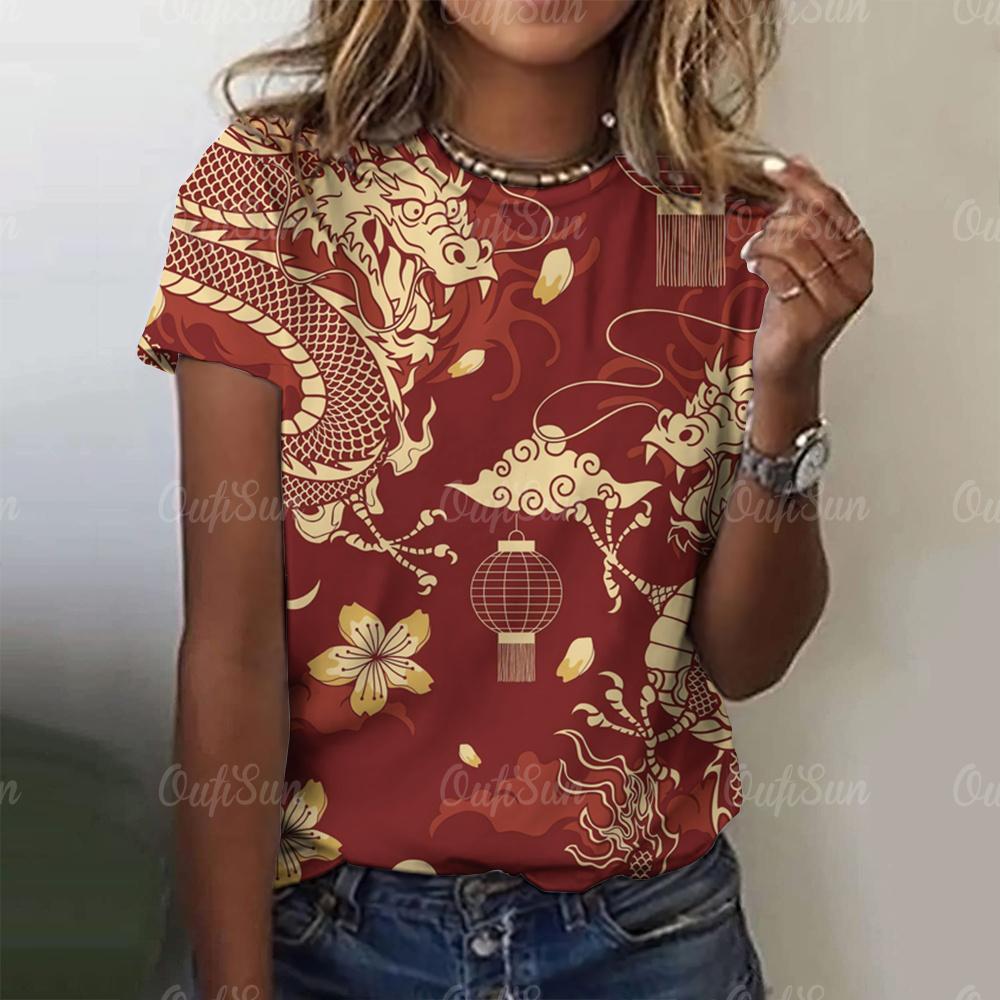 Женская футболка с принтом 3D-дракона в китайском стиле, новый пуловер для женщин с круглым вырезом, повседневный короткий рукав, 2024, модные уличные топы
