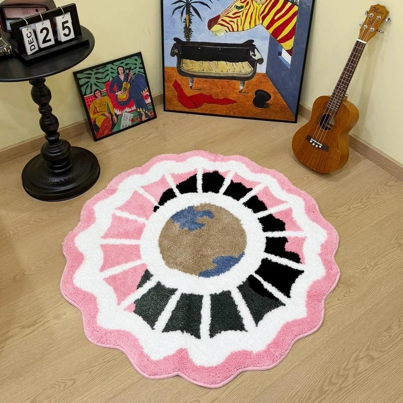 Round Floral Edge Area Rug Bohemian World Map Print Soft Fluffy Non Slip Carpet for Bedroom Living Room Home Decor