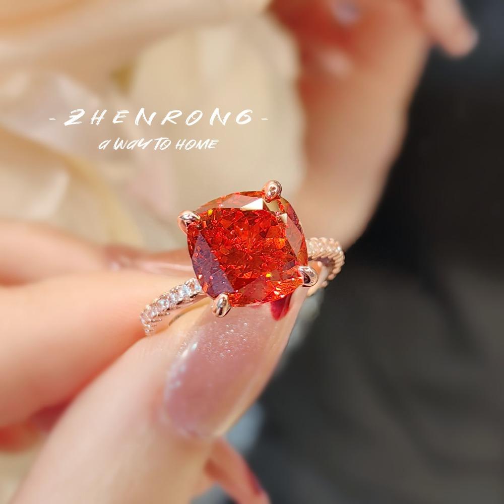 Premium Ice Cut Cushion Ring for Women Caramel Purple High Carbon Diamond Rose Gold Wedding Jewelry