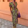 Весенняя женская одежда Модное контрастное принт Длинное платье Элегантное облегающее платье с V-образным вырезом и короткими рукавами