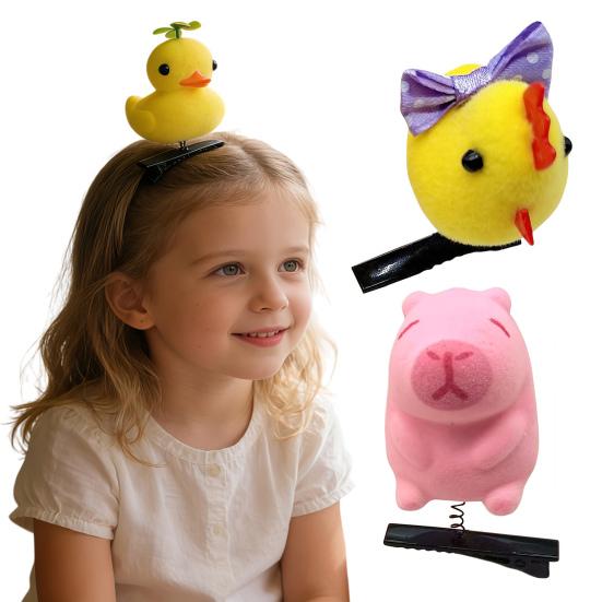 1/2/5Pcs Hair Pin Flocking Cartoon Capibara Chick Duck Decor Spring Design Metal Hair Clips Decorative Holiday Party Hairpins Hair Accessories