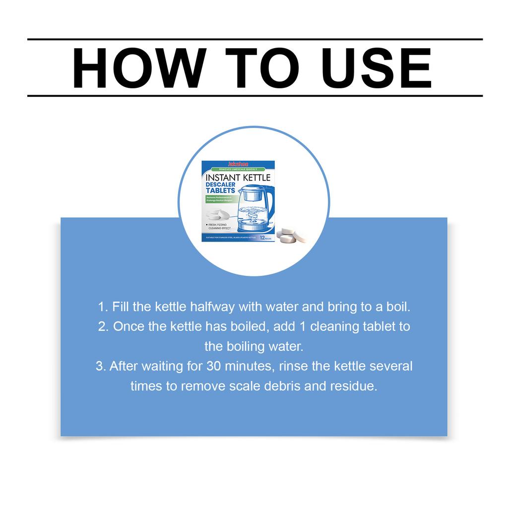kettle descaling tablets, effervescent tablets for removing kettle stains, cleans, clears, and shines, universal descaling tablets