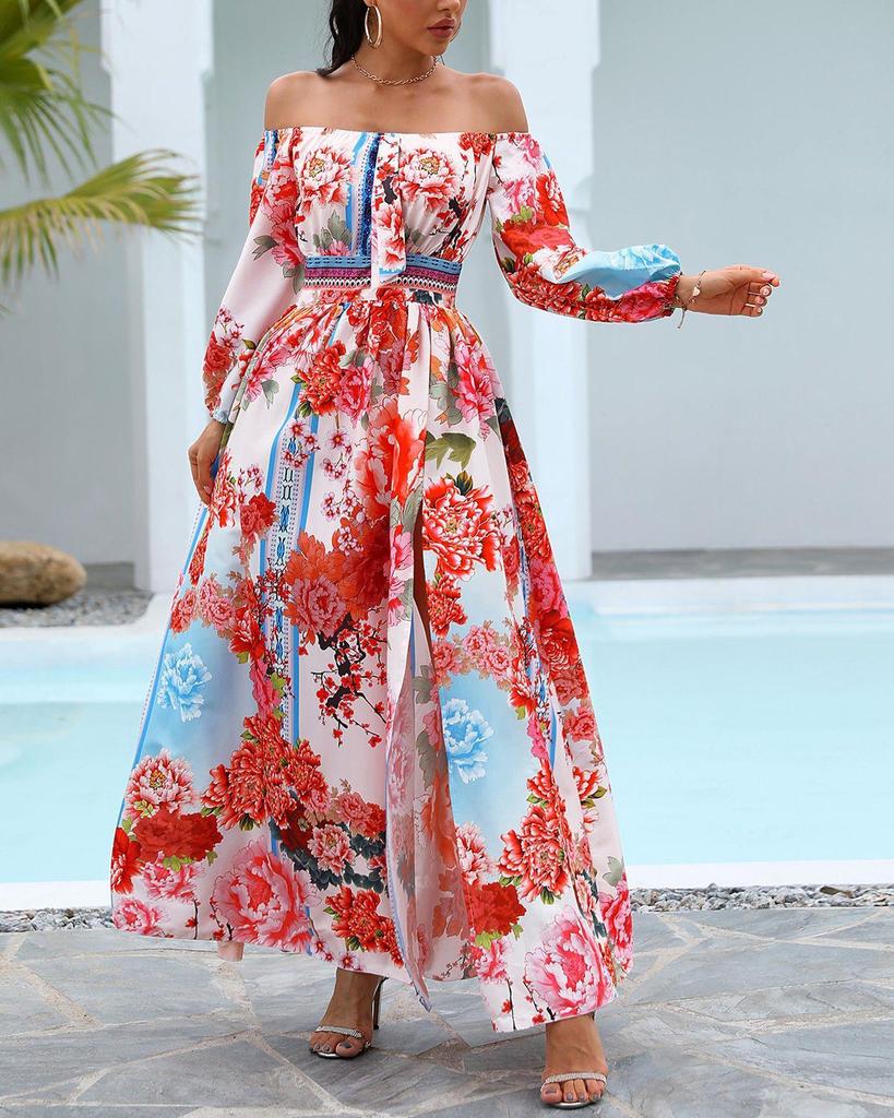 2025 V-Neck Retro Long Sleeve Printed Evening Dress - Spring/Summer Collection