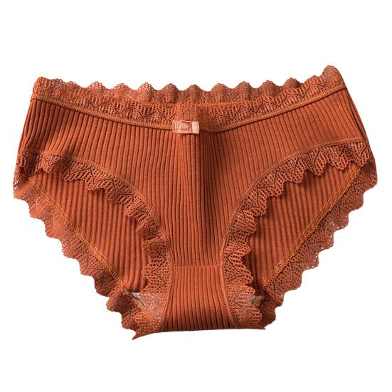 Women Underpants Thread Mid Waist Lace Edge Solid Color Elastic Cotton Crotch Moisture-wicking Stretchy