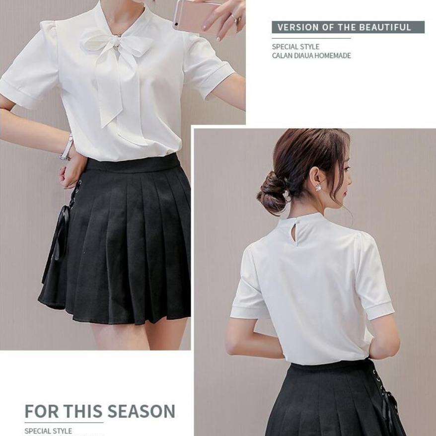 Летняя женская розовая белая шифоновая блузка, модная корейская рубашка с воротником-бабочкой, повседневная офисная рубашка с коротким рукавом, базовый топ