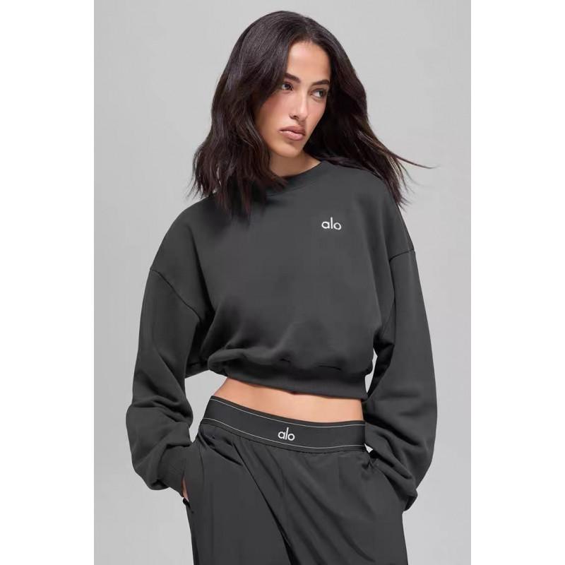 Womens Short Crew Neck Sweatshirt Casual Loose Fit Alphabet Print Long Sleeve Daily Sports Wear
