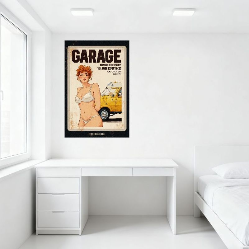 Сексуальная Pin-up Девушка Винтажная Металлическая Жестяная Вывеска с Желтым Автомобилем и Ржавым Видом 'GARAGE' Декор для Бара Паба Дома Кафе Настенное Искусство 8x12 Дюймов