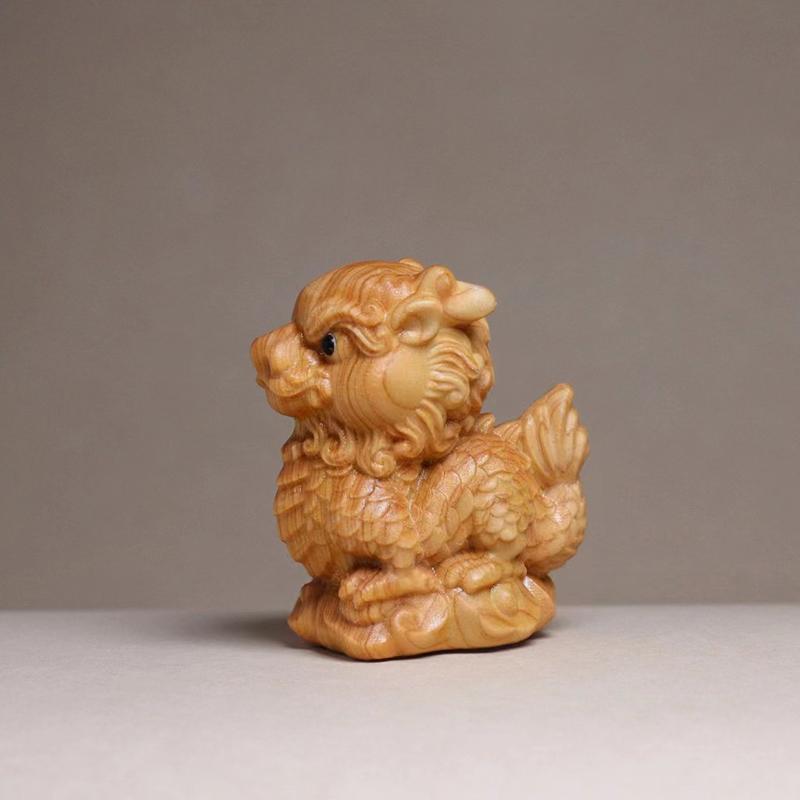 Natural Cypress Kirin Mascot Mini Statues Chinese Mythical Beasts Cute Home, Room, Office, Flower Pot Decoration Accessories