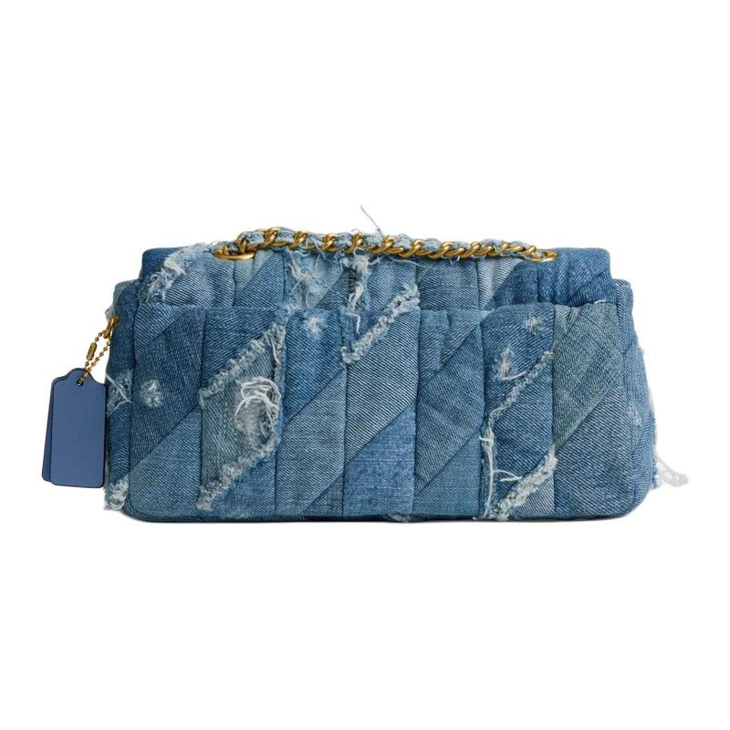 COACH shoulder bag Tabby 26 metal logo distressed quilted patchwork push-lock adjustable chain strap denim and nappa leather medium women's blue