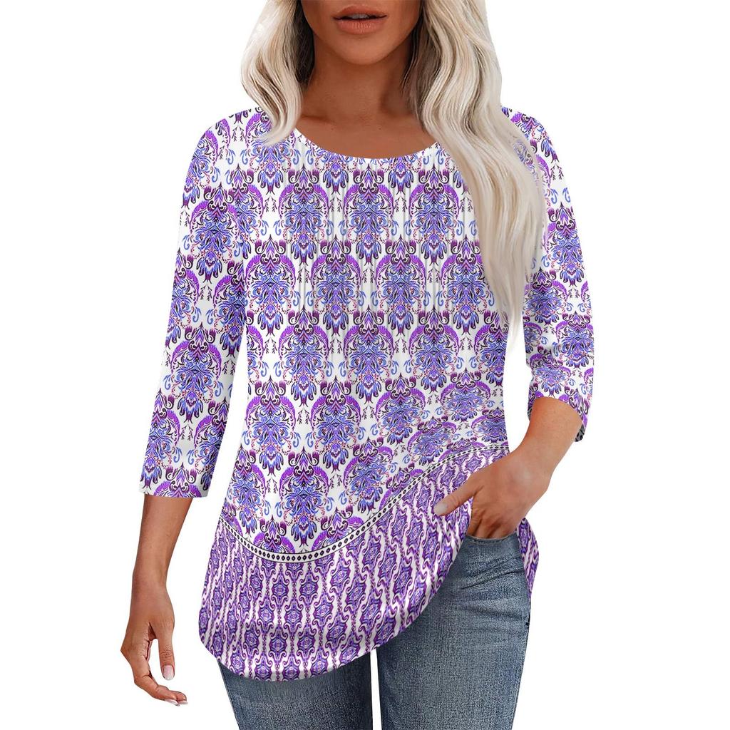 Women's Fashionable Casual Pleated Round Neck Casual Floral Print Seven Quarter Sleeved T-shirt Top