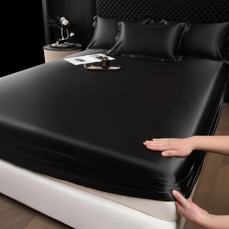 1 шт. Сатин Эластичная Натяжная Простыня Однотонный Чехол на Матрас для Односпальной Двуспальной Двуспальной Кровати King Queen Full Twin Простыня Сатин Постельное Белье